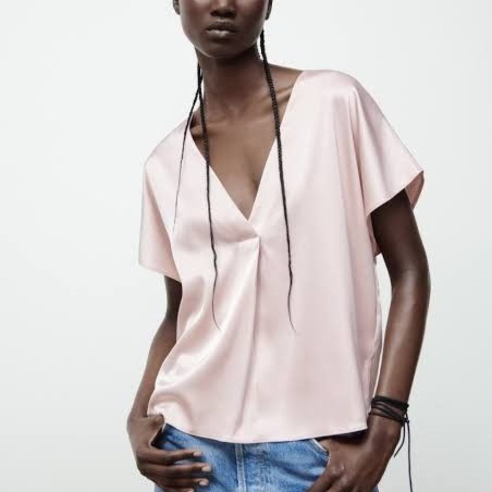ZARA Satin Pleated Top in Pastel Pink Size L NEW With TAGS